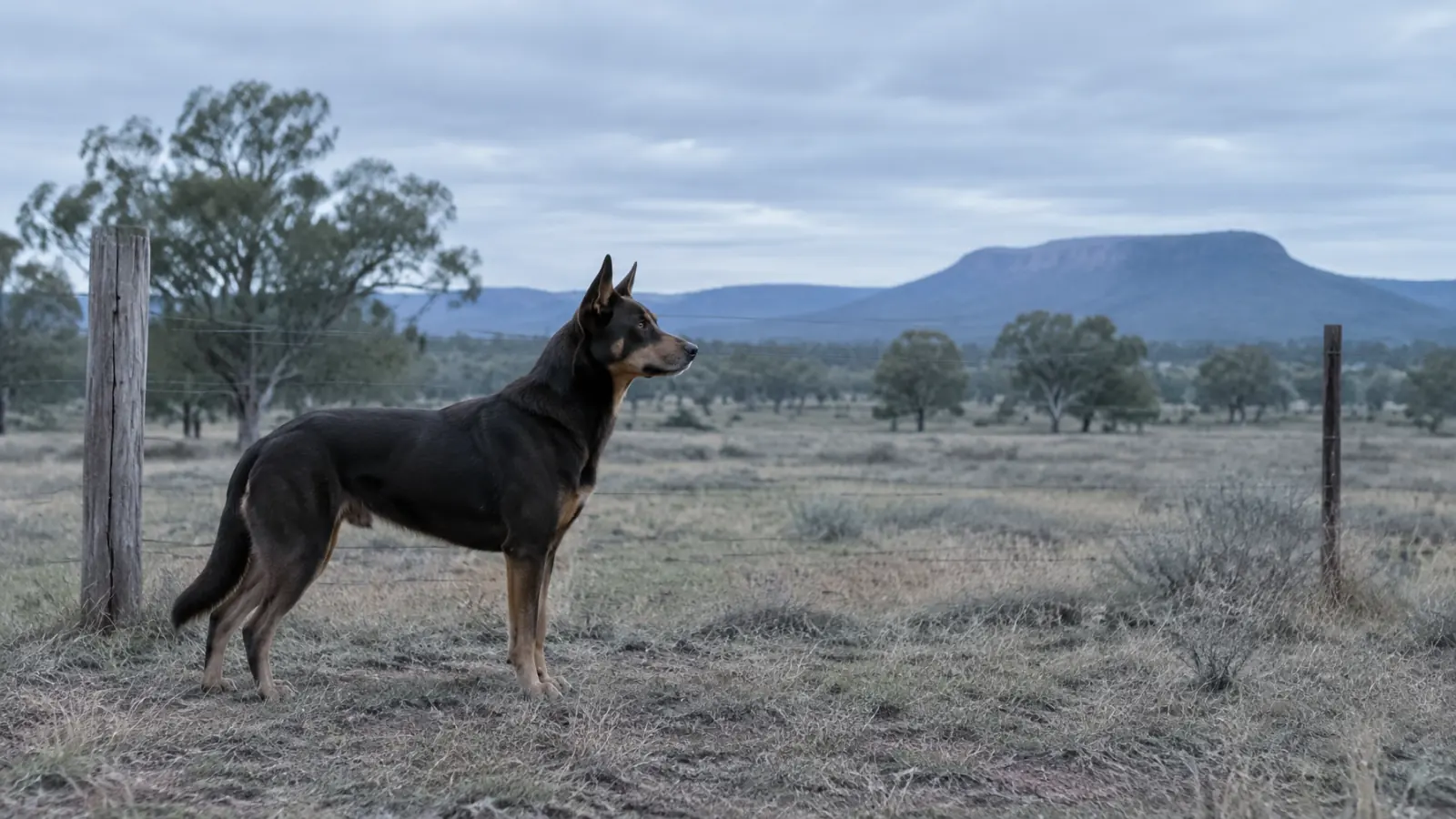 A calm working kelpie standing beside a rural fence line with low hills beyond