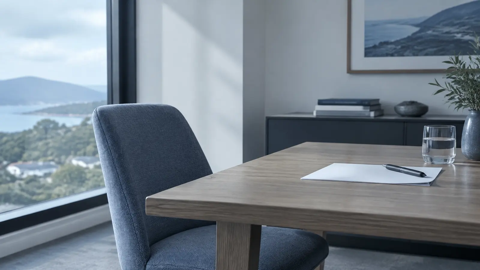 A quiet consultation table with a blank sheet of paper beside a navy chair and window