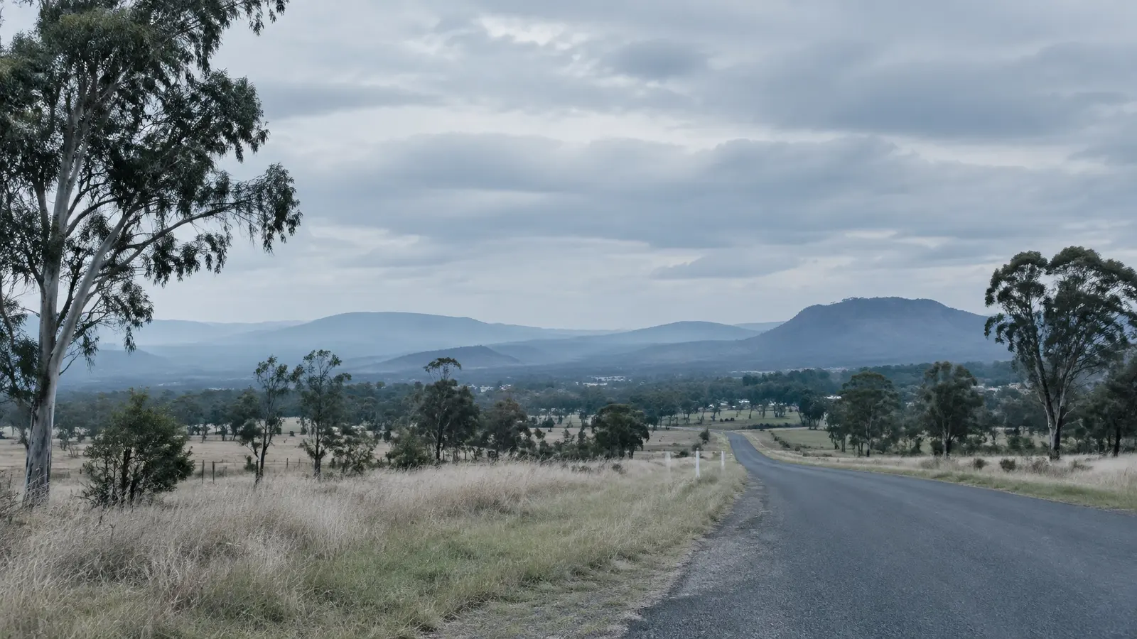 A quiet regional Queensland road leading through pale grass toward blue-grey hills
